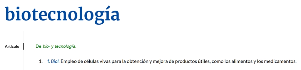 Definición de biotecnología del Diccionario de la lengua española (RAE)